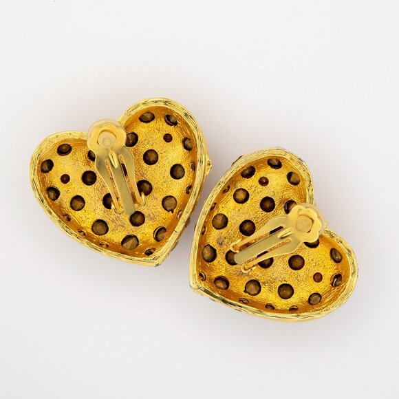 Clip On Crystal Rhinestone Heart Earrings Gold Tone Glamorous Sparkle Statement - Picture 3 of 7
